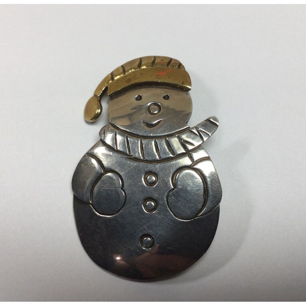 Vtg Sterling‎ 925 Silver Brass Snowman Brooch pin signed Aton 2"X1 ,1/4